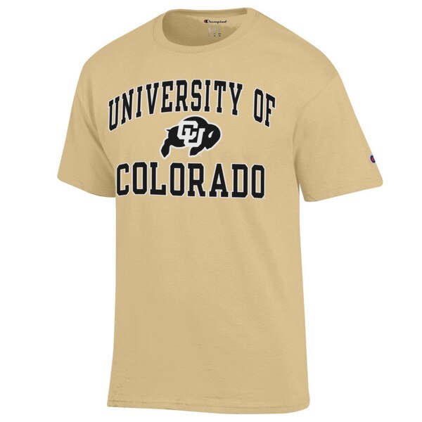A vegas gold Champion short sleeve t-shirt with CU Buffalo logo and 'University of Colorado'.